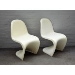 Probably Verner Panton, two one piece moulded, white plastic chairs, 49cm wide x 83cm high.