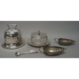 A plated biscuit box, modelled as a bell, detailed Biscuits, a pair of Asian sauceboats,