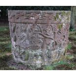 A carved red Verona stone wellhead, Italian, 17th century, with meandering border and decoration,