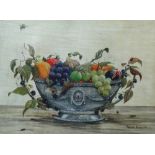 Phyllida Riddell (20th century), Still life of fruit in a silver bowl, oil on board,