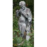 A lead figure of a flute player, 20th century after the Antique, 123cms high.