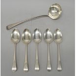 Silver Old English pattern table flatware, comprising; five tablespoons,