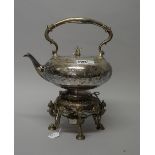 A Victorian silver plated spirit kettle and stand, the hinged lid with a swan finial,
