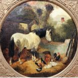 Follower of John Frederick Herring, Horse and poultry in a yard, oil on canvas, tondo, 44.5cm diam.