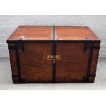 A 19th century zinc lined iron bound teak travelling trunk, 110cm wide x 61cm high.