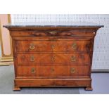 A French Directoire commode, the marble top over a walnut base of five long graduated drawers,