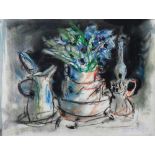 Yosl Bergner (1920-2017), Still life, charcoal, gouache and pastel, signed, 28cm x 37.5cm.