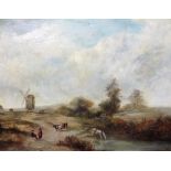 Follower of Patrick Nasmyth, Landscape with figures and animals, a windmill beyond, oil on panel,