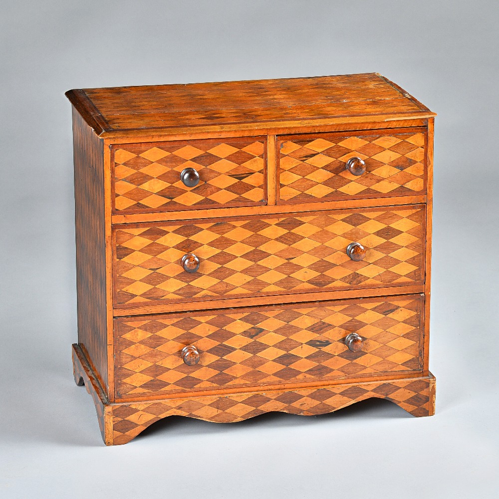 A late 18th century Continental mahogany and satinwood parquetry miniature chest,