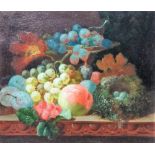 T** S** (19th century), Still life of fruit and birds nest, oil on canvas, 29cm x 34cm.