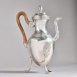 A French silver coffee pot of oval form, the body decorated with a foliate band,