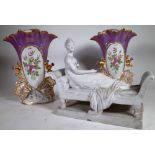 A pair of Victorian floral decorated vases 34cm high and a Continental bisque porcelain figure of a