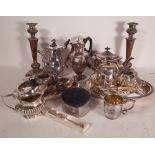 Silver plated wares, including; candlesticks, jugs teapots, pin cushion and sundry, (qty).