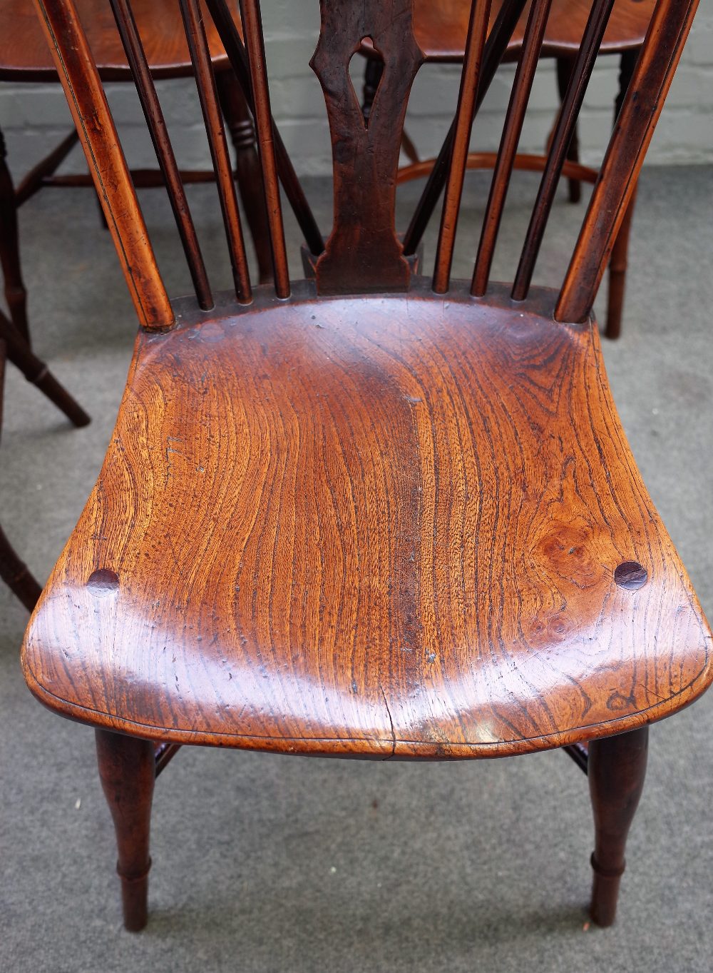 Two 19th century yew and elm stick back chairs with crinoline stretcher together with three other - Image 2 of 3
