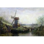 Follower of David Cox, River landscape with windmill, oil on panel, 17cm x 25.5cm.