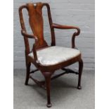 An early 18th century and later walnut vase back open armchair with bow seat on pad feet,
