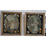 A pair of George III silkwork pictures, one depicting a girl with a rabbit against a landscape,