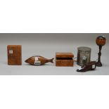 Treen collectables including; a Scandinavian wooden 'fish' snuff box, 15.