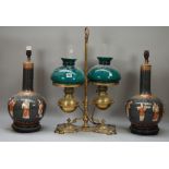 A Victorian style brass twin bouillotte table lamp with adjustable green glass shades,