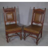 A set of six 20th century oak dining chairs, green studded leather upholstery on turned supports,