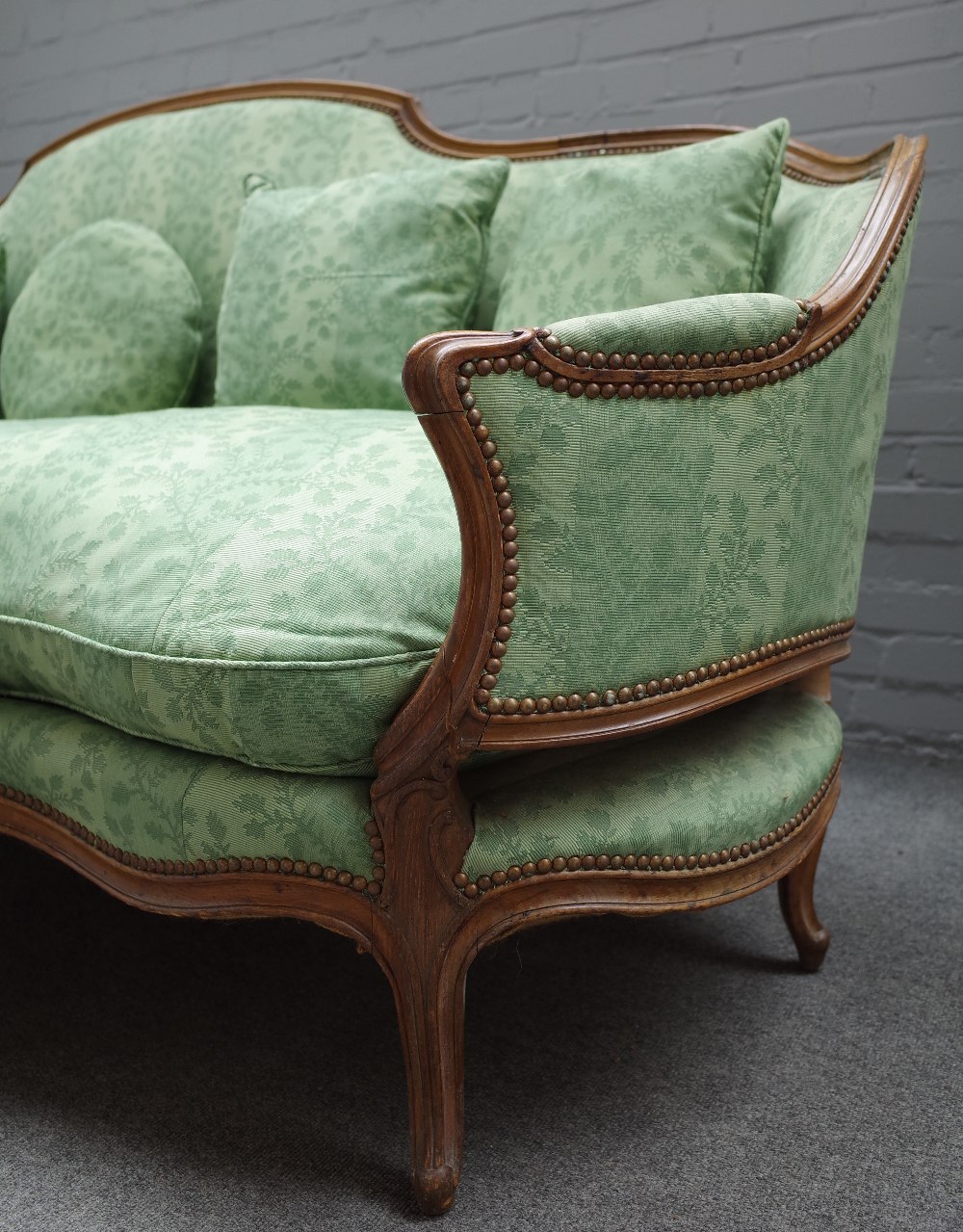 A Louise XV style beech framed canape/ sofa, with shaped back and seat on scroll supports, - Image 2 of 4