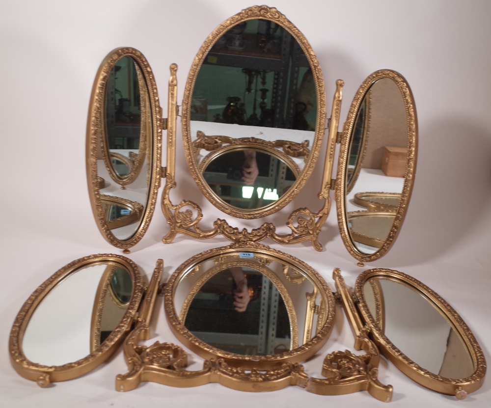 A pair of 20th century gold painted triptych dressing table mirrors, 35cm wide x 52cm high, (2). - Image 2 of 2