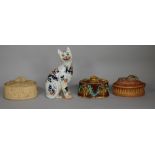 A polychrome painted porcelain game dish with moulded rabbit to lid,