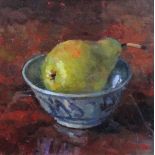 Pamela Kay (b.1939), Still life of a pear in a dish, oil on board, signed with initials, 16.