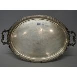 A European oval twin handled tray, with engraved decoration, detailed 800,