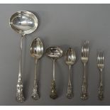 Victorian silver King's pattern flatware, comprising; twelve table forks, twelve dessert forks,