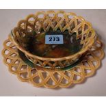 A 19th century Wedgwood majolica ceramic basket with matching stand, 17cm wide.
