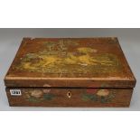 A French painted fruitwood rectangular sewing box, 19th century, the hinged lid painted with a dog,