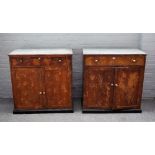 A pair of part ebonised and scumble painted pine side cabinets each with single drawer over