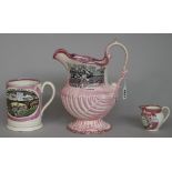 Three items of purple lustre pottery, 19th century,