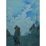 Starr Wood (1870-1944), Cupid in the clouds, watercolour, signed, 38cm x 28cm.