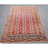 A Tekke Turkeman rug, the madder field with three columns of twelve guls,