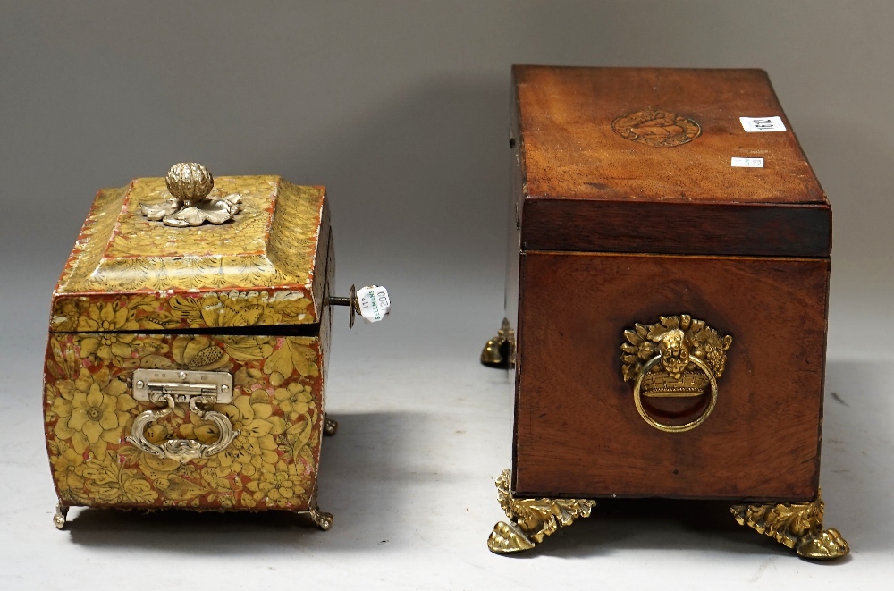 A George III mahogany rectangular tea caddy on gilt metal paw feet, - Image 3 of 5