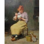 Attributed to Victor Gilbert (1847-1933), A seated girl in a cottage interior eating porridge,