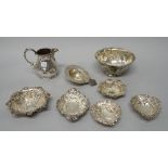 Silver, comprising; a shaped circular bowl, having spiral fluted decoration, London 1902,