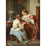 Jules Trayer (1824-1908), Interior with two young ladies coiling wool, oil on panel, signed, 34.