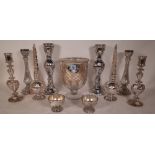 A quantity of modern silvered 'Mercury' glass ware comprising; three pairs of candlesticks, 33.