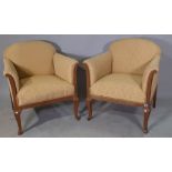 A pair of 20th century French beech upholstered tub chairs on cabriole supports, (2).