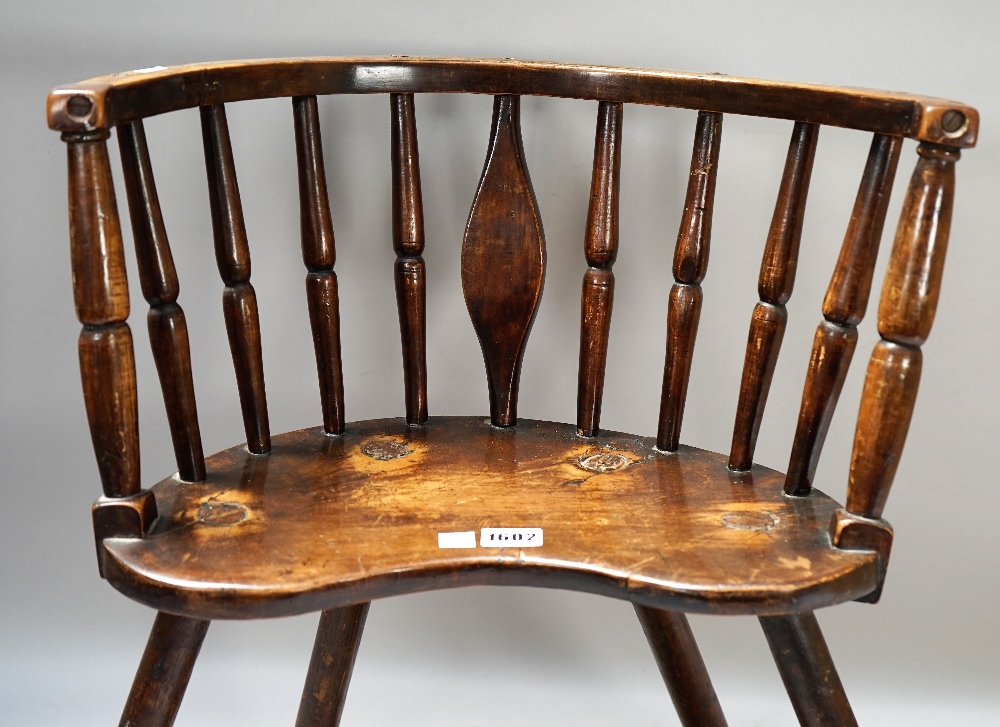 A 19th century primitive beech and ash child's tub back chair with turned decoration, - Image 2 of 6
