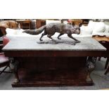 A 19th century and later console, the rectangular marble top on pair of lion monopodia supports,