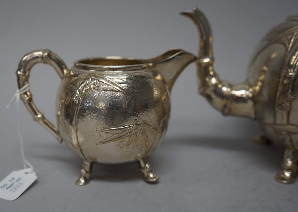 A late 19th century Chinese silver three piece tea set, Tuck Chang, Shanghai, - Image 3 of 12