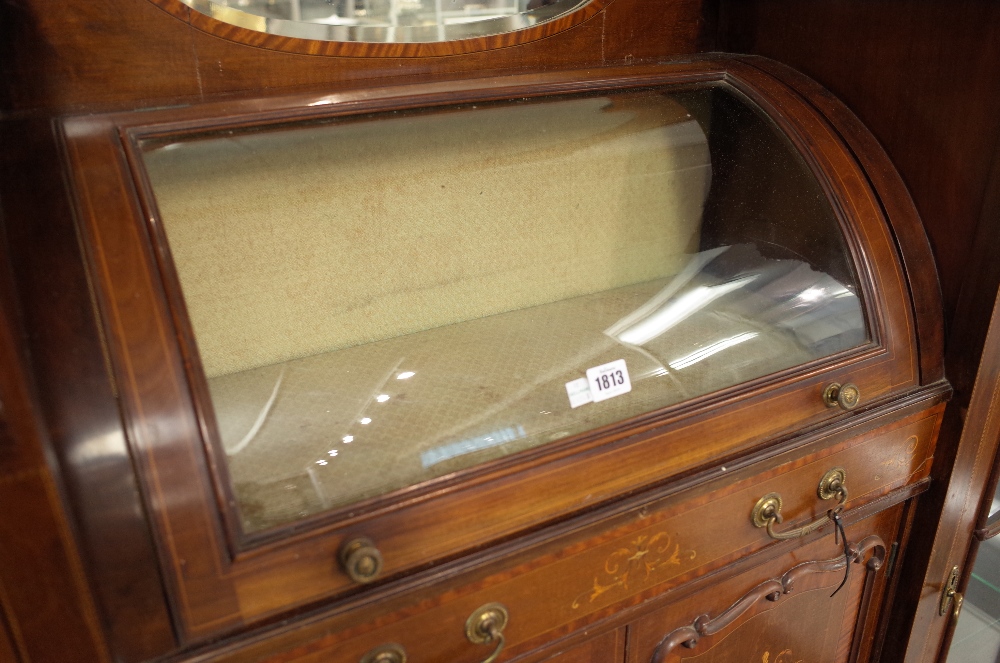 An Edwardian inlaid mahogany mirrored back display cabinet with bowed central compartment over - Image 5 of 8