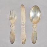 A Georg Jensen silver Cactus pattern three piece christening set, comprising; a knife,