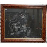 Folk Art; A 19th century scratch art picture depicting a lion on a cliff edge,