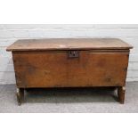 A small 17th century and later oak five plank coffer with chip work decoration,