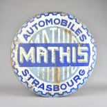 A French 'Mathis' automobile enamel circular sign, Strasbourg, 70cm diameter. (a.f.